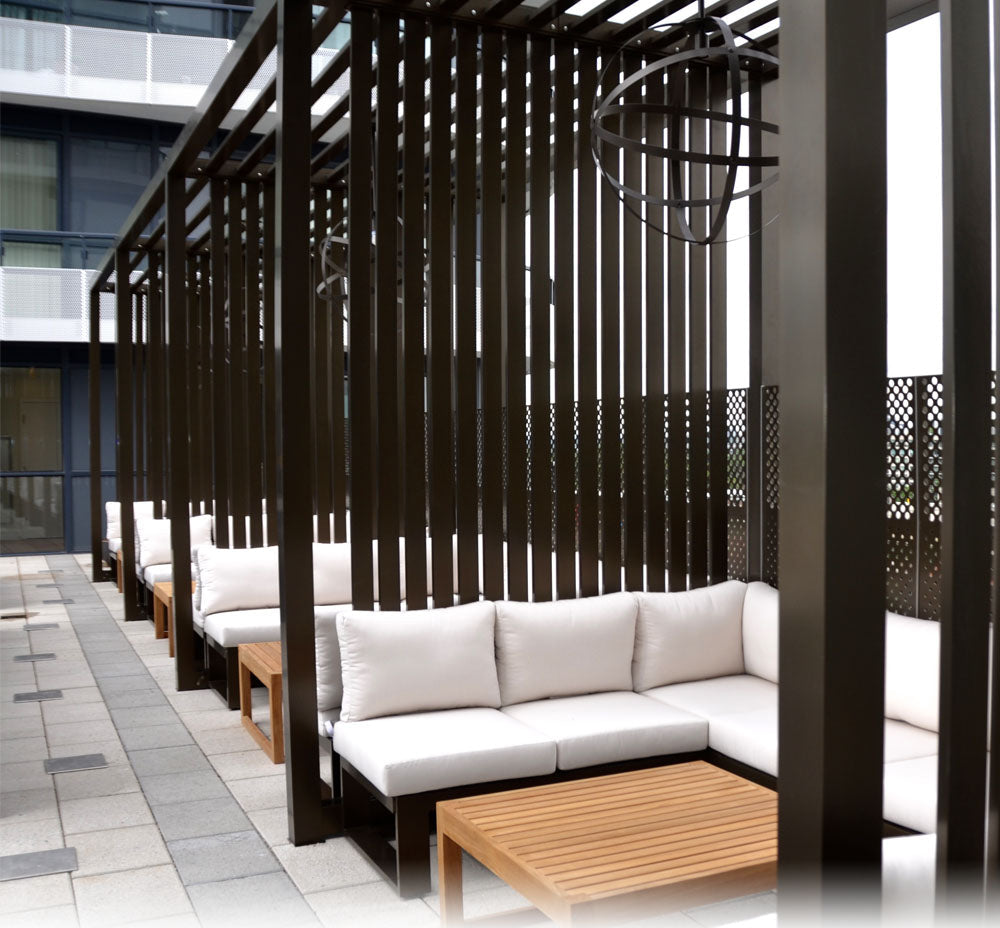 Spacelinx Modular Pergola with POD Lounge Seating at Flaire Condos
