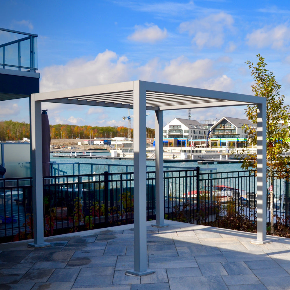 Pergola install on lakeside terrace at Friday Harbour